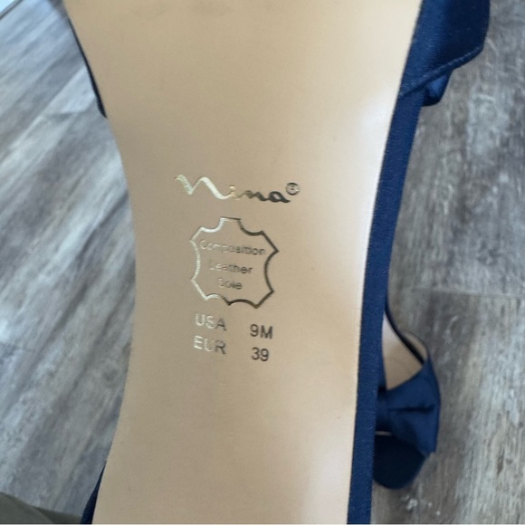 NWOT! Nina Two Strap Satin Elegant Navy Blue Bow Peep Toe Heels - Picture 5 of 11